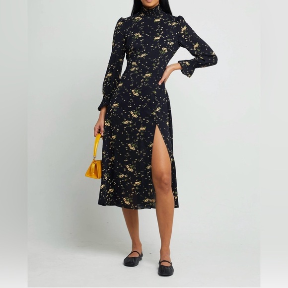 o.p.t Dresses & Skirts - o.p.t Chic Black Floral Long Sleeve Dress Smocked Turtle Neck Long Dress